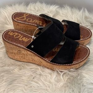 Sam Edelman Women’s 9 Dali Black Suede Cork Platform Wedge Sandals Shoes Slip On